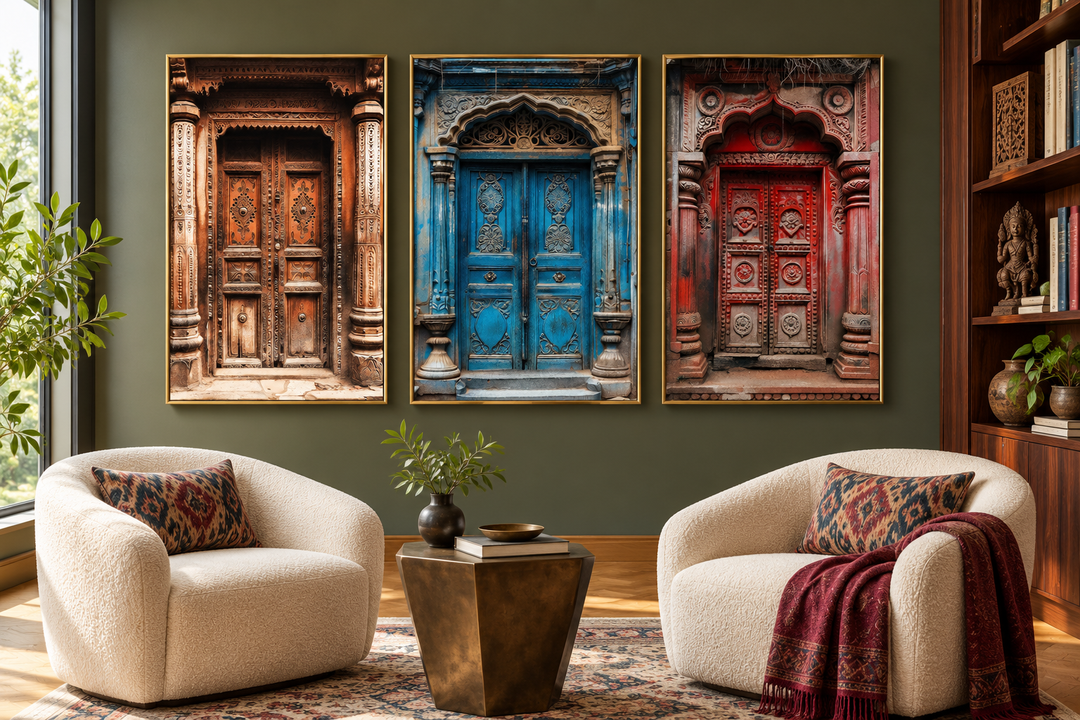 Set of three framed canvas prints featuring colorful, intricately carved traditional Indian doors.