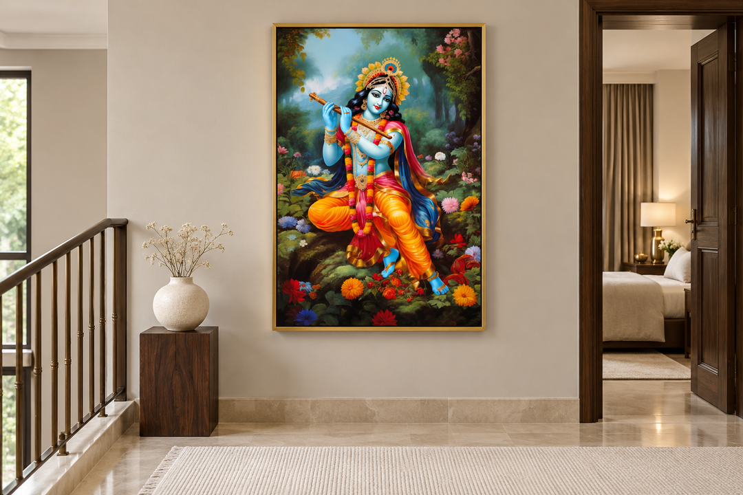 Lord Krishna playing flute in Vrindavan forest traditional Indian framed canvas wall art in a home.