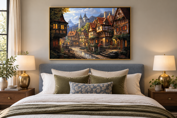 Medieval European whimsical village framed canvas wall art hanging above a bed in a bedroom.
