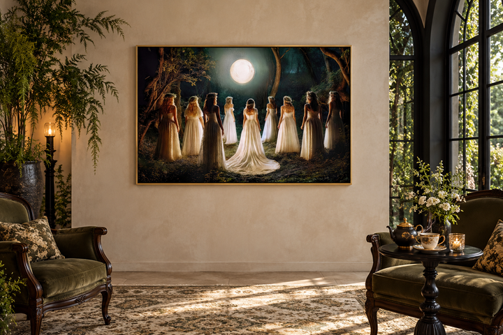 Framed wall art of witches in white dresses dancing in a circle under a full moon in a dark forest.