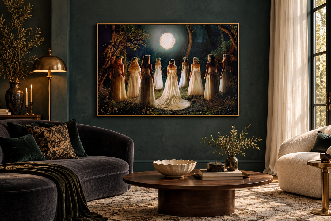 Witches dancing in a circle in a magical forest under a full moon wall art in a dark living room.