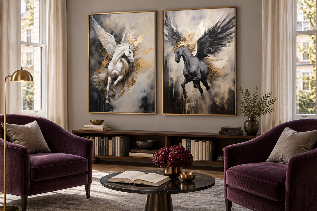 Set of 2 framed canvas wall art featuring black and white winged Pegasus horses with gold accents.