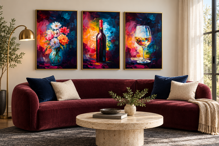 Set of three framed canvas prints of a flower vase, wine bottle, and wine glass above a sofa.