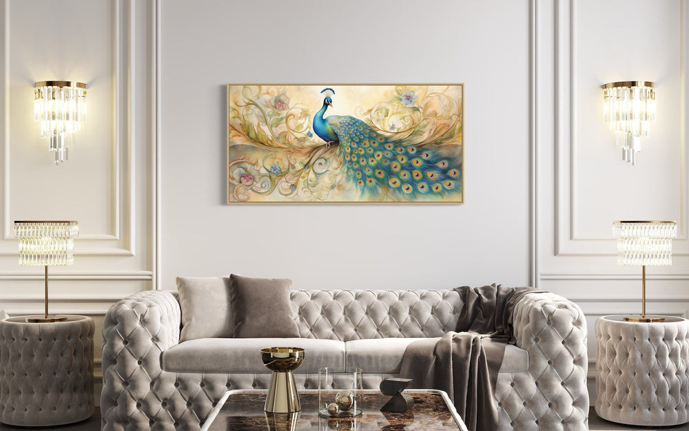 Gold Green Peacock Framed Canvas Wall Art