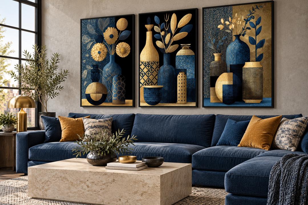 Set of 3 gold and navy blue botanical canvas prints with vases above a blue sectional sofa.