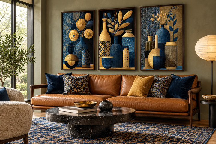Set of 3 framed botanical canvas prints with gold and navy blue vases above a cognac leather sofa.