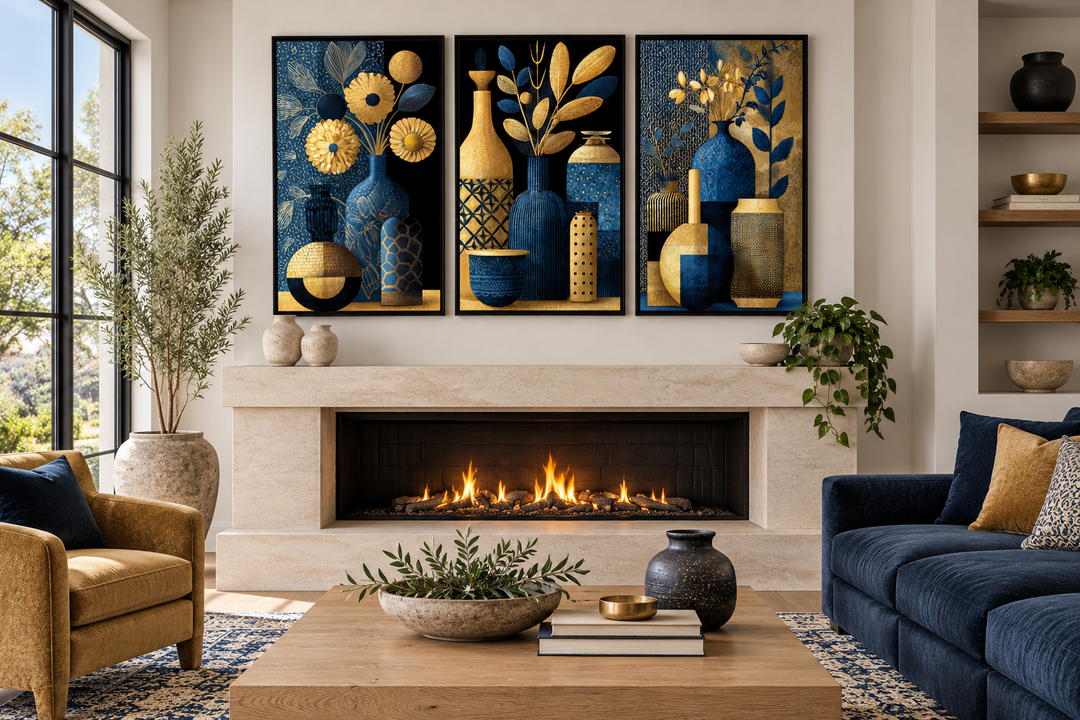 Set of 3 gold and navy blue botanical canvas prints with vases above a modern fireplace.
