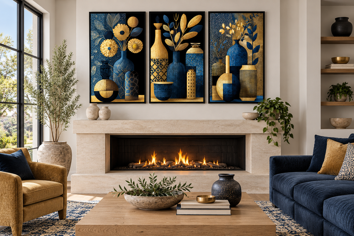 Set of 3 gold and navy blue botanical canvas prints with vases above a modern fireplace.