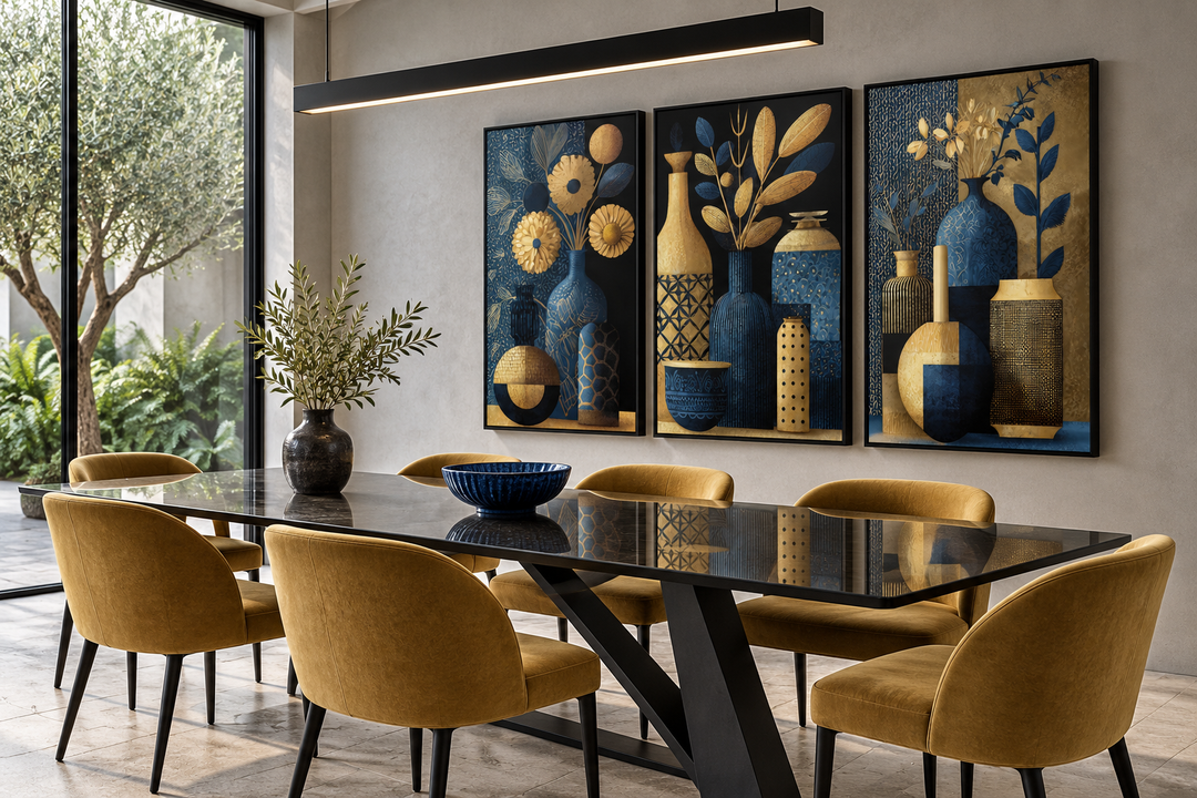 Set of 3 gold and navy blue botanical canvas prints in black frames above a modern dining table.