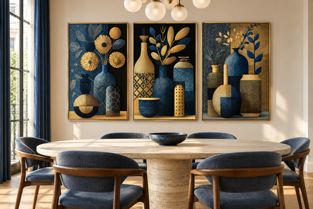 Set of 3 gold and navy blue botanical canvas prints featuring vases and flowers in a dining room.
