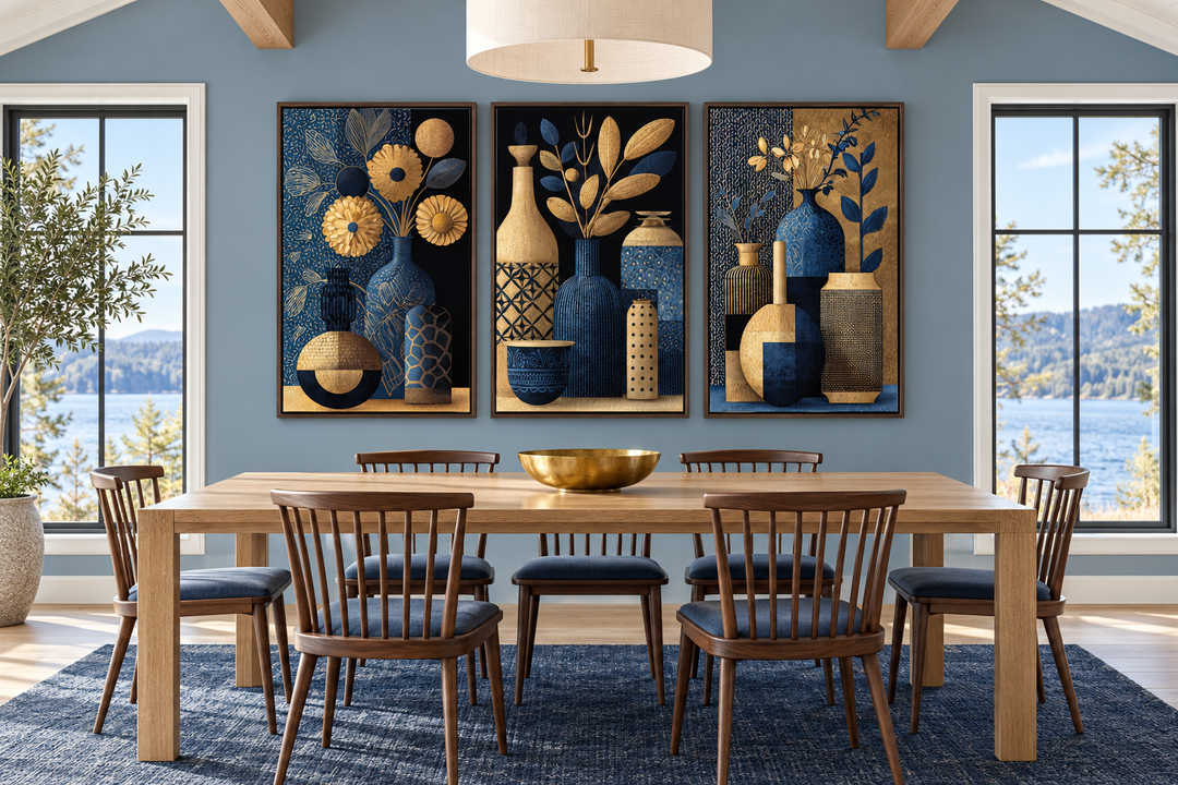 Set of 3 gold and navy blue botanical canvas prints with vases above a dining table.