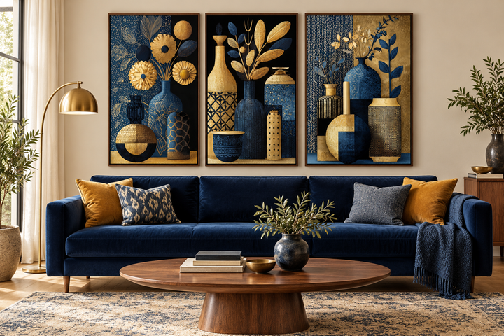 Set of 3 gold and navy blue botanical canvas prints with vases above a blue velvet sofa.