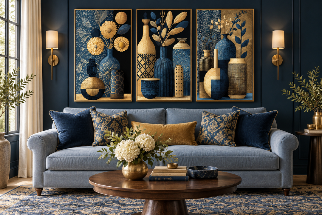 Set of 3 gold and navy blue botanical canvas prints featuring stylized vases and floral elements.