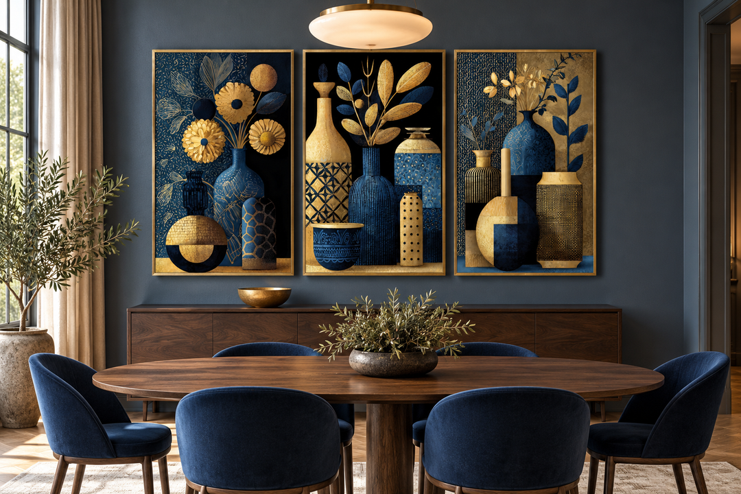 Set of 3 gold and navy blue botanical canvas prints featuring vases and flowers in a dining room.