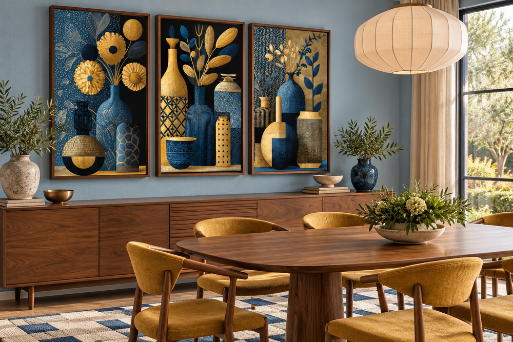 Set of 3 gold and navy blue vase botanical canvas prints in a mid-century modern dining room.