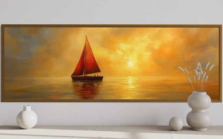 Gold Red Sail Boat Long Narrow Framed Canvas Wall Art featuring a sailboat at sunset.