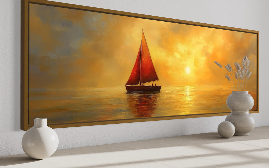 Gold Red Sail Boat Long Narrow Framed Canvas Wall Art featuring a sailboat at sunset.