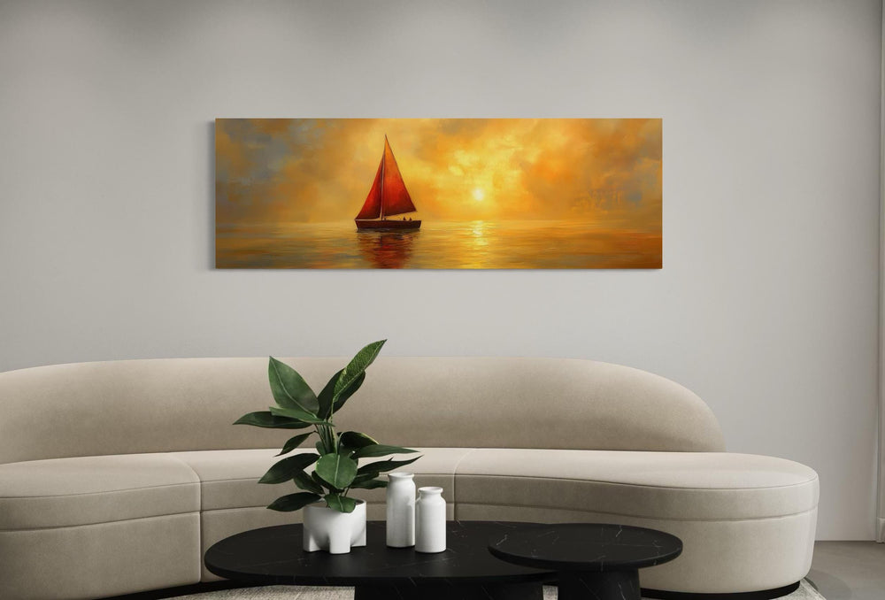 Gold and red sail boat on calm water at sunset canvas art.