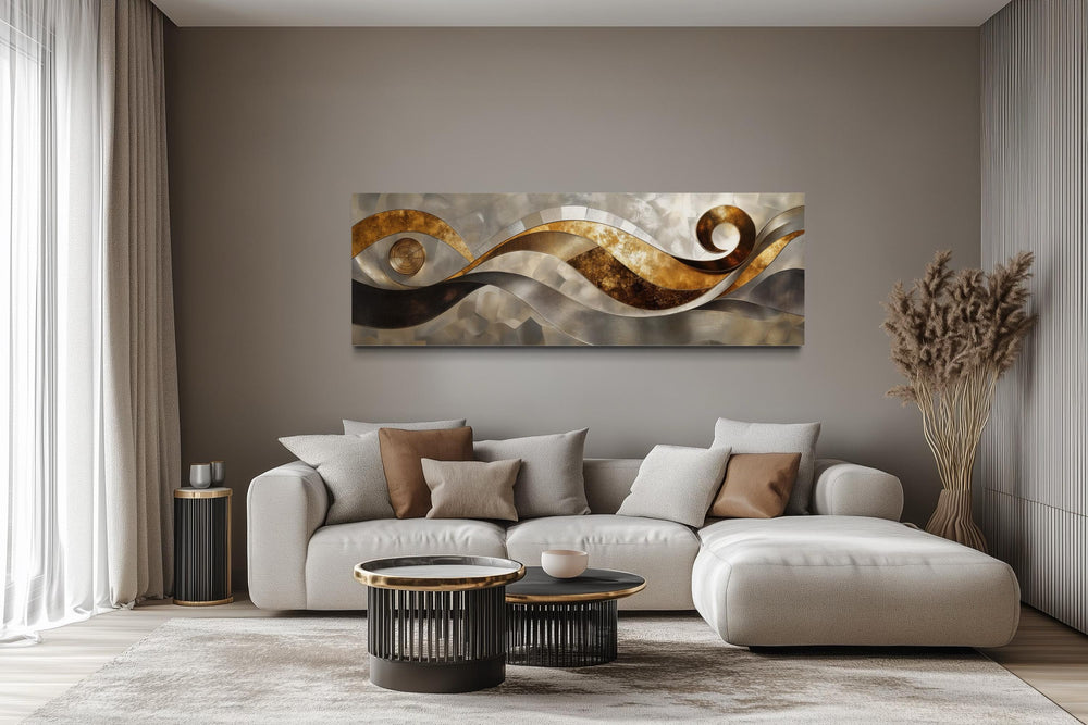 Gold Silver Abstract Swirl Long Horizontal Wall Art