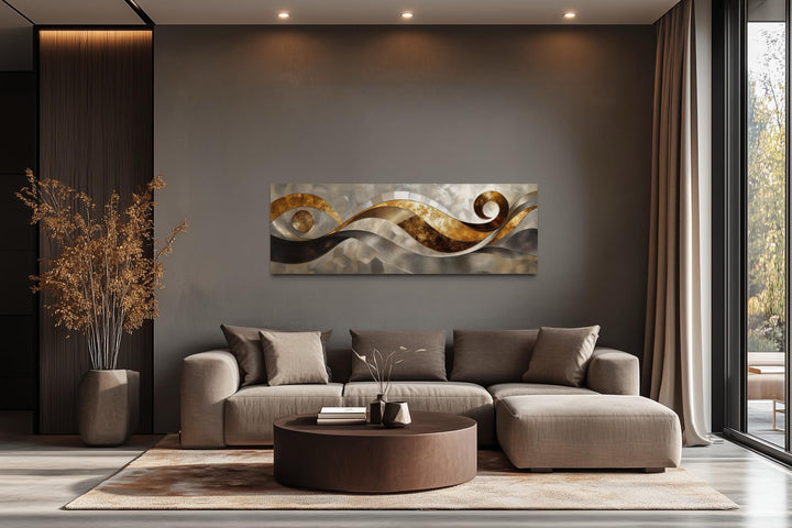 Gold Silver Abstract Swirl Long Horizontal Wall Art