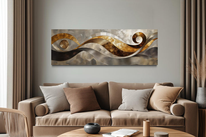 Gold Silver Abstract Swirl Long Horizontal Wall Art