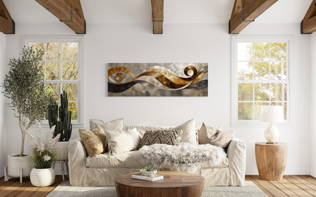 Gold Silver Abstract Swirl Long Horizontal Wall Art
