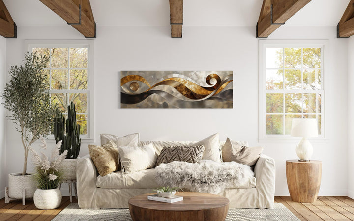 Gold Silver Abstract Swirl Long Horizontal Wall Art