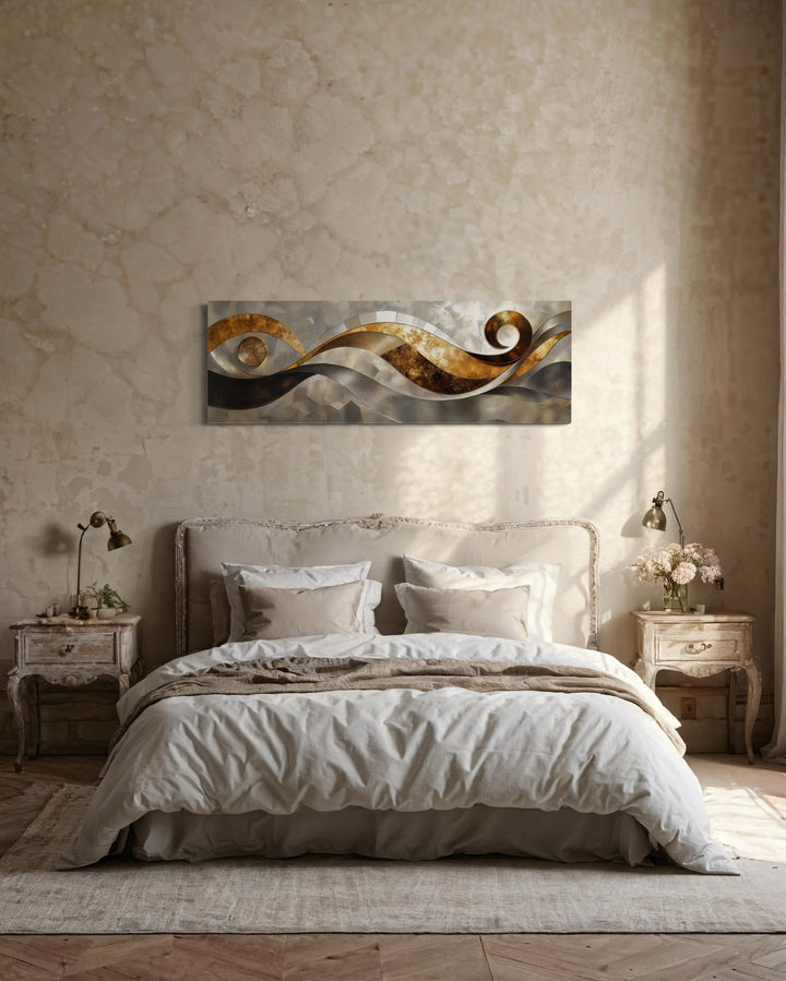Gold Silver Abstract Swirl Long Horizontal Wall Art