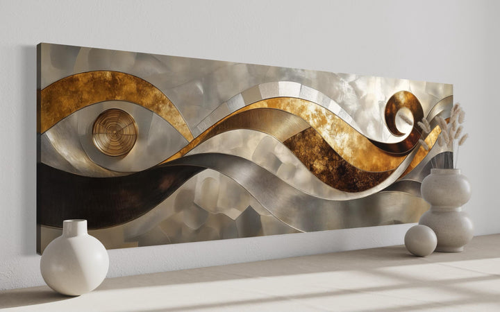 Gold Silver Abstract Swirl Long Horizontal Wall Art