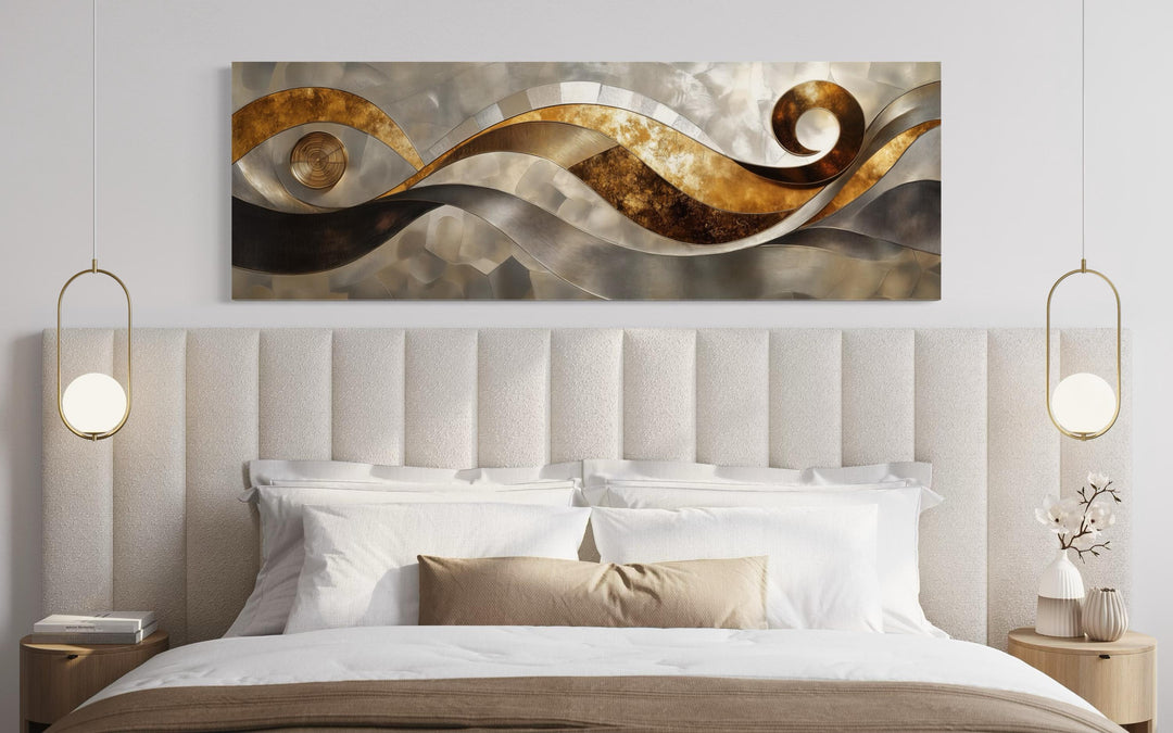 Gold Silver Abstract Swirl Long Horizontal Wall Art