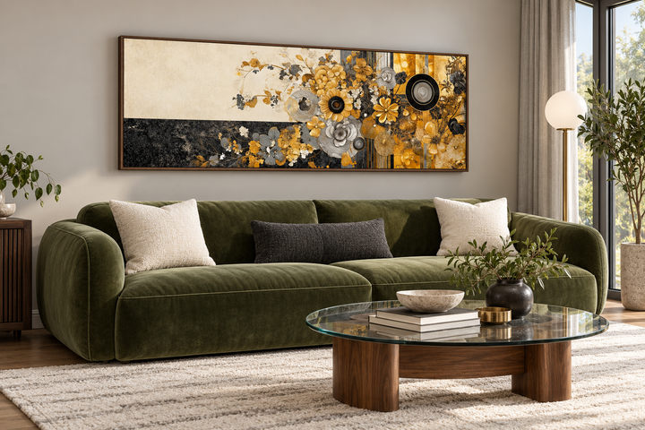 Long horizontal abstract wall art with gold, silver, and black floral motifs above a green sofa.