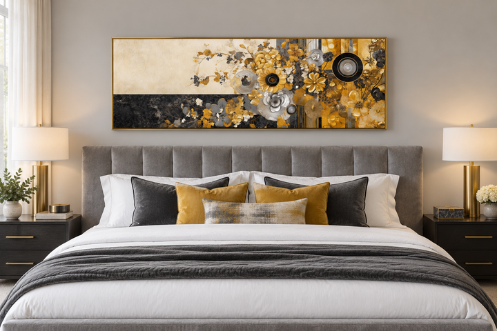 Gold, silver, and black horizontal abstract floral wall art in a gold frame above a grey bed.