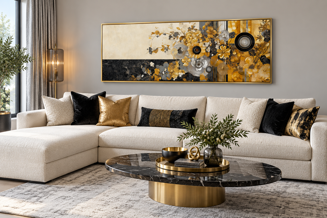 Gold, silver, and black horizontal abstract floral wall art in a gold frame above a white sectional.