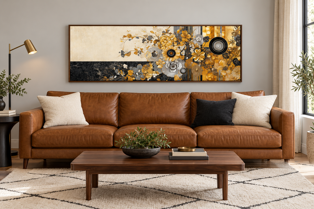 Gold, silver, and black floral abstract horizontal wall art in a walnut frame above a leather sofa.