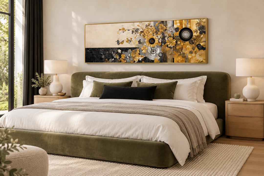 Gold, silver, and black floral abstract horizontal wall art in a gold frame above a green bed.
