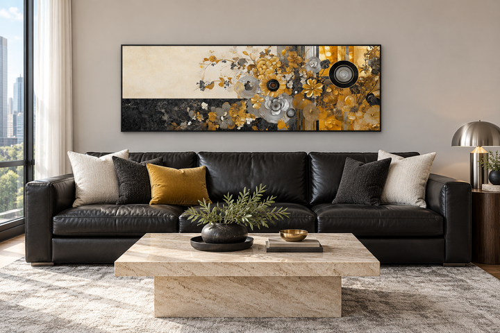 Long horizontal abstract wall art with gold, silver, and black floral motifs above a leather sofa.