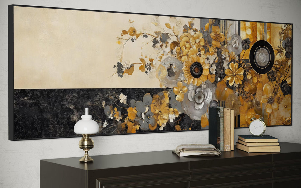 Gold Silver Black Floral Long Horizontal Abstract Wall Art