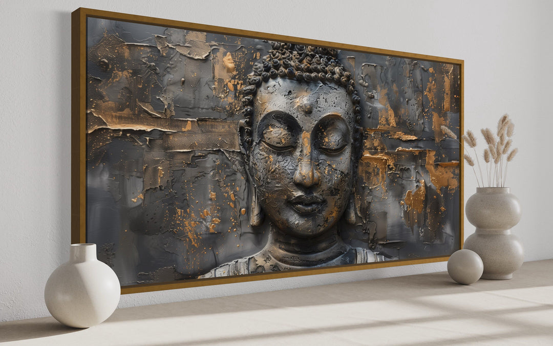 Gold Silver Buddha Modern Extra Large Framed Indian Canvas Wall Art