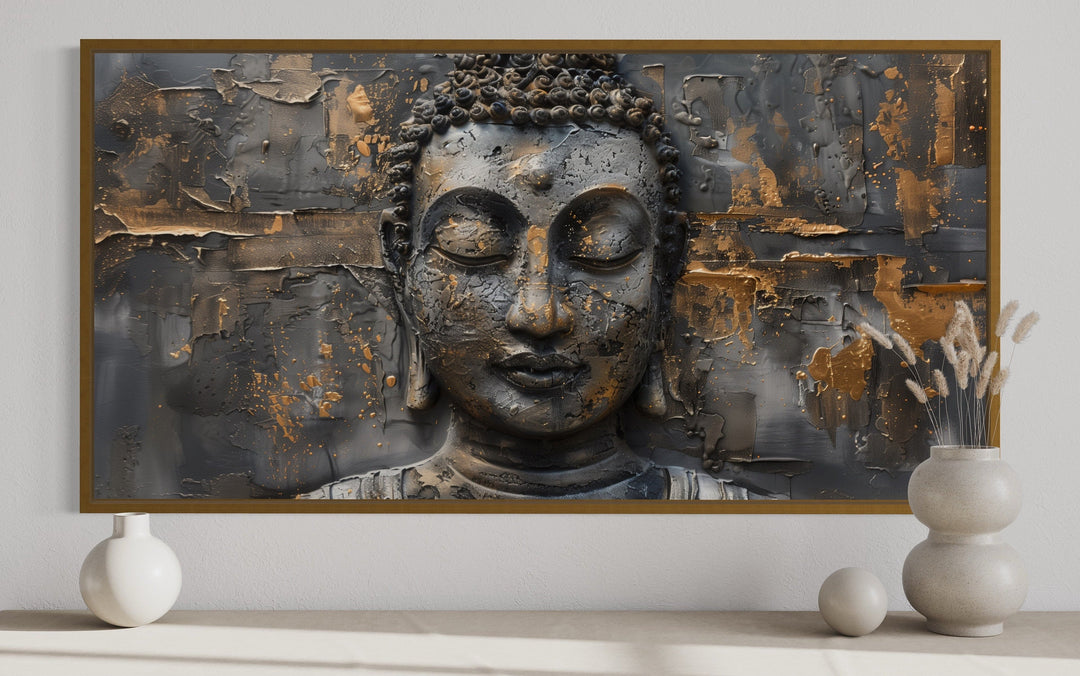 Gold Silver Buddha Modern Extra Large Framed Indian Canvas Wall Art