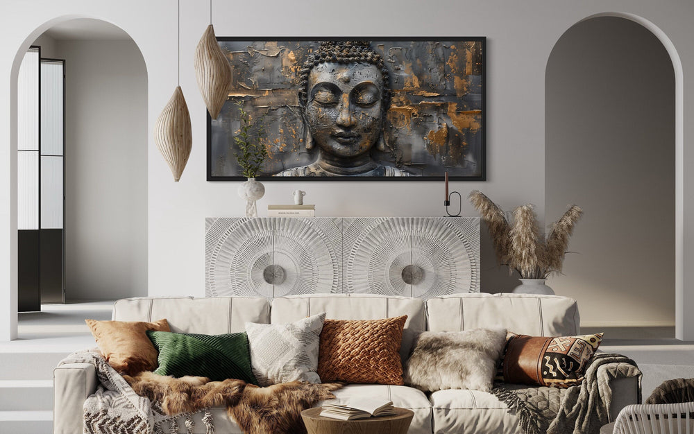 Extra large framed canvas wall art featuring a textured gold and silver Buddha face.