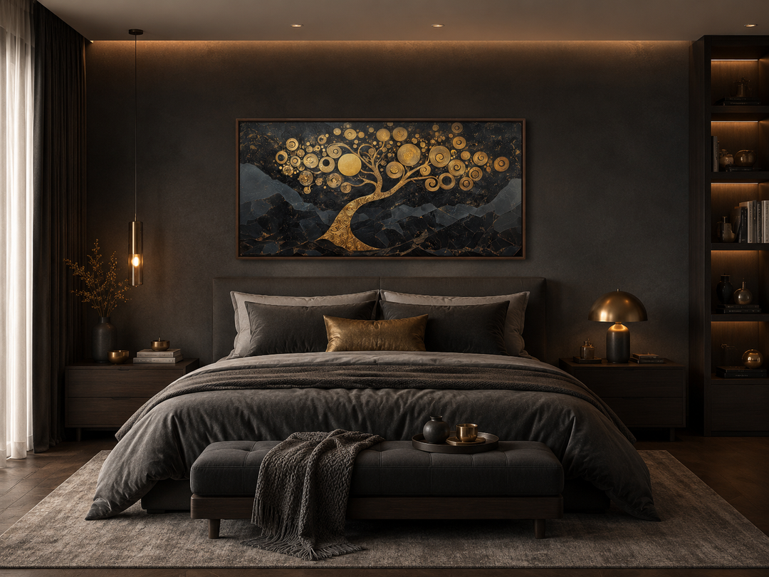 Gold Tree of Life wall art with swirling branches on a black background above a dark modern bed.