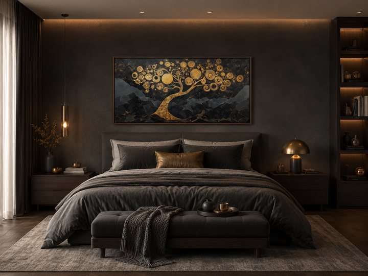 Gold Tree of Life wall art with swirling branches on a black background above a dark modern bed.