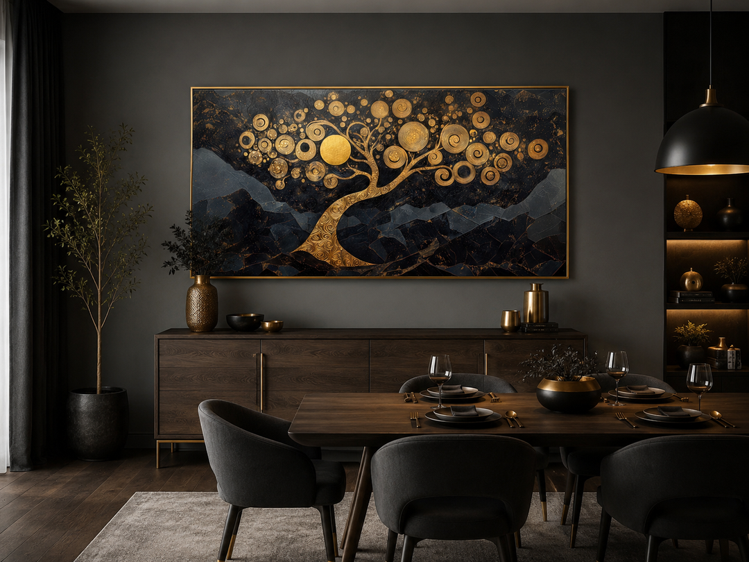 Abstract gold tree of life wall art with swirling branches on a dark, textured black background.
