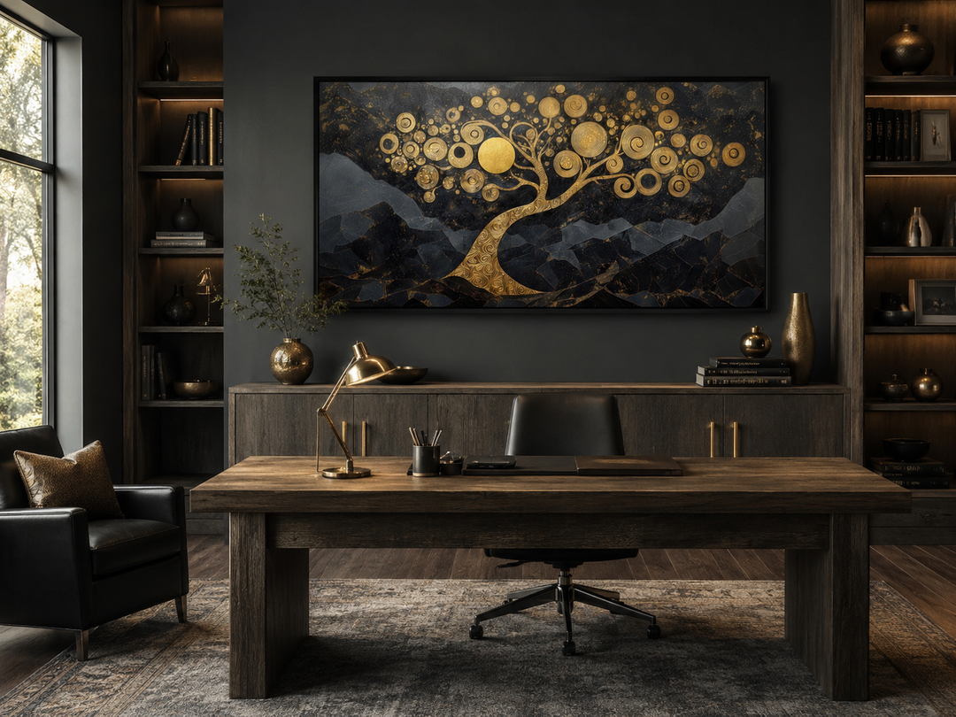 Gold tree of life wall art with swirling branches on a black background in a modern office setting.