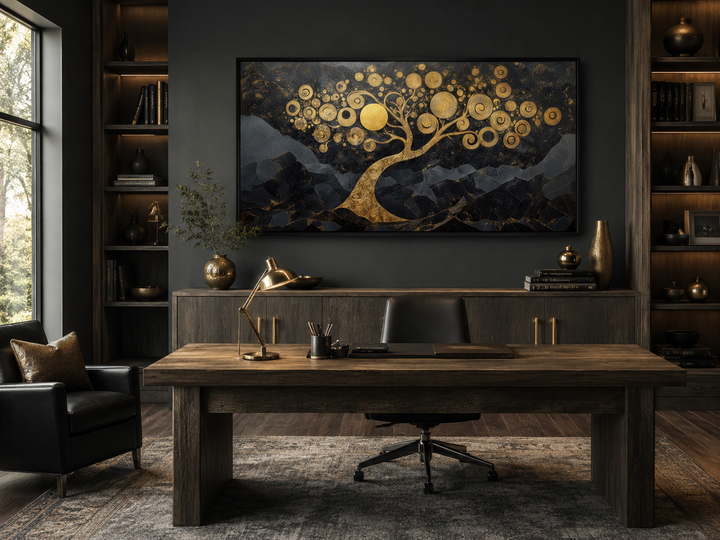 Gold tree of life wall art with swirling branches on a black background in a modern office setting.