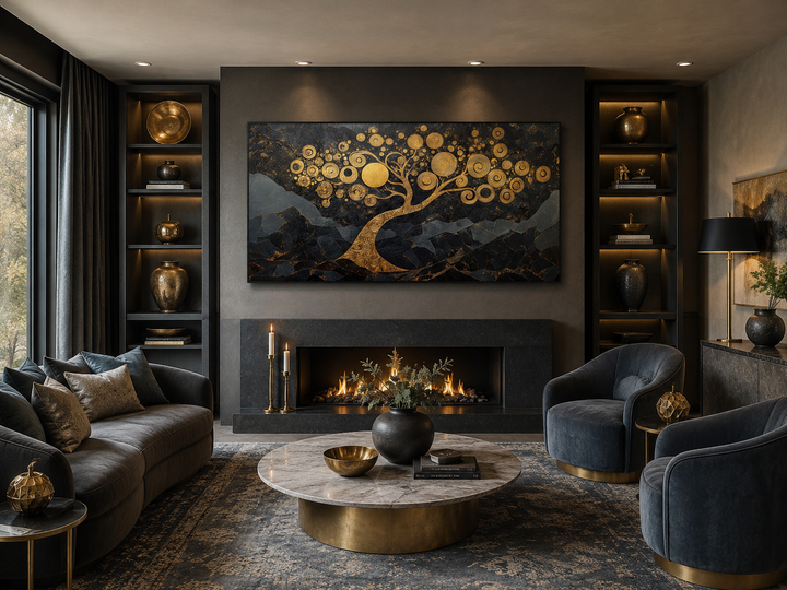 Gold tree of life wall art with swirling branches on a black background above a modern fireplace.