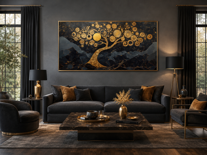 Gold tree of life wall art with abstract metallic circles on a dark background in a modern room.