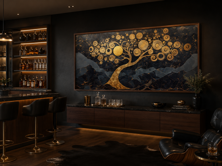 Gold tree of life wall art with swirling branches on a dark background in a modern home bar setting.