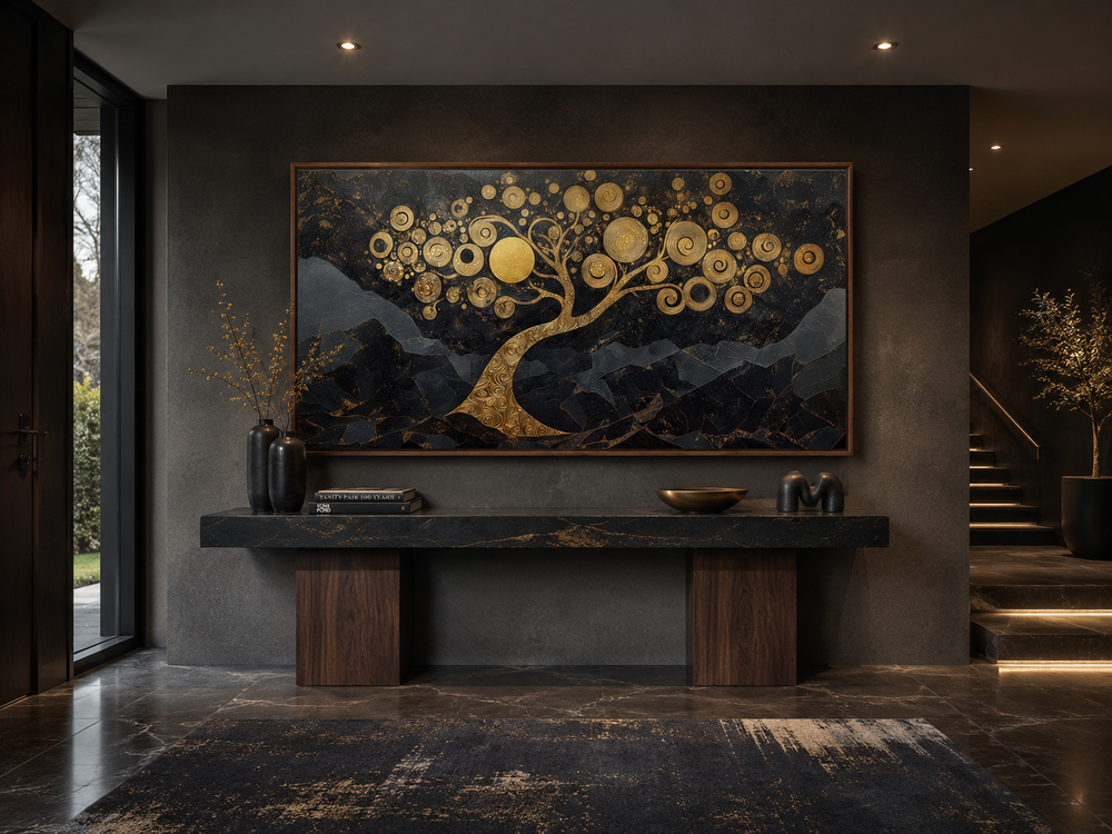 Gold Tree of Life wall art with swirling branches on a black background in a modern living room.