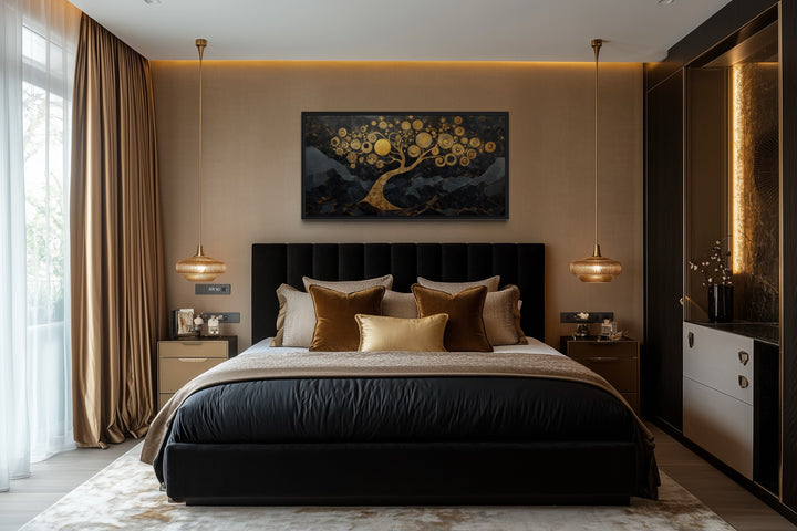 Gold Tree of Life wall art on a black background hanging above a bed in a modern bedroom.